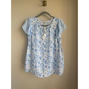 Blue and White Floral Paisley Lucky Brand Blouse - Size Large